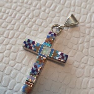 Colorful Mosaic Cross Sterling Silver Pendant